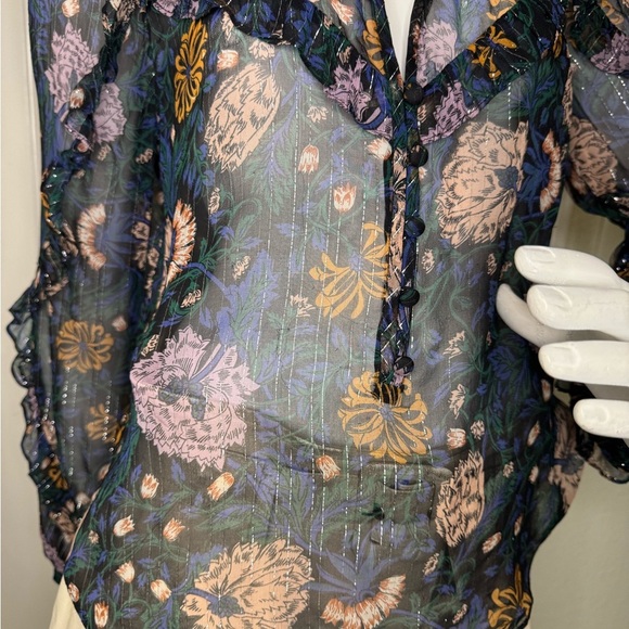 Veronica Beard Floral Ruffle V-Neck Blouse - Picture 13 of 16